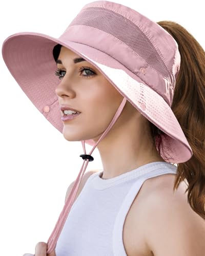 EW EastWater Beach Sun Bucket Hats for Women,UV Protection High Ponytail Hole UPF 50+ Waterproof for Hiking Safari Fishing - color: Pink
