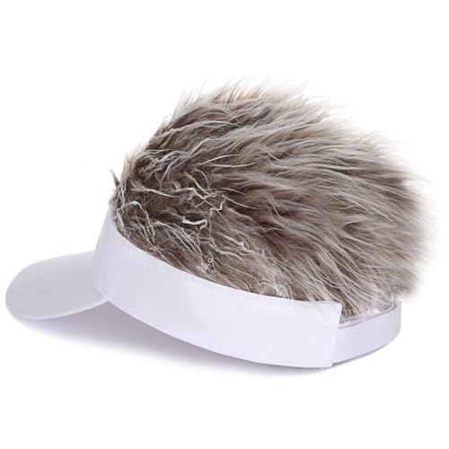 Adjustable Sun Visor Hat with Wig Spiked Hairs Fashion Baseball Golf Cap for Men & Women - color: White+brown Hair