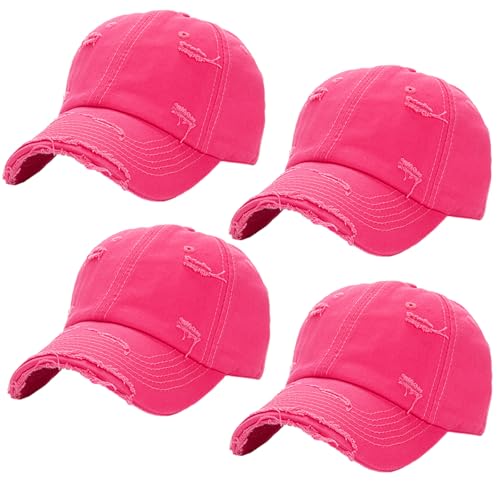 Unisex Distressed Baseball Caps Bulk, Vintage Plain Washed Cotton Dad Hats - color: Hot Pink