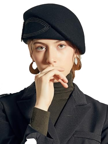 Wedding Hats for Women Vintage Wool Felt Berets Ladies Pearl Fascinator Autumn Winter Cap Bow Church Fedoras - color: Black 4