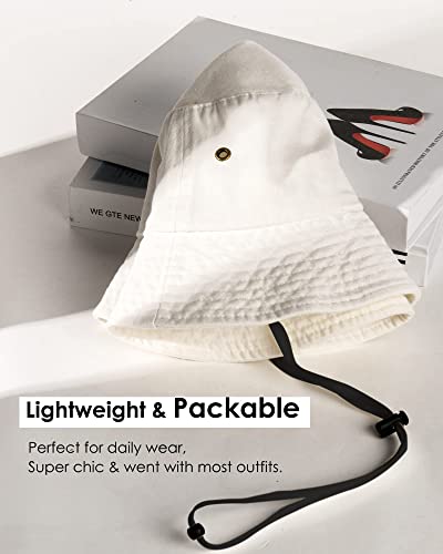 FURTALK Bucket Hats for Women Washed Cotton Packable Summer Beach Sun Hats Bucket Hat with Strings for Travel - color: White