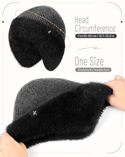 HAMUNI Winter Fleece-Lined Beanie with Earflaps, Warm Windproof Unisex Beanie Hat for Skiing, Hiking & Outdoor Winter Sports - color: Linen Gray