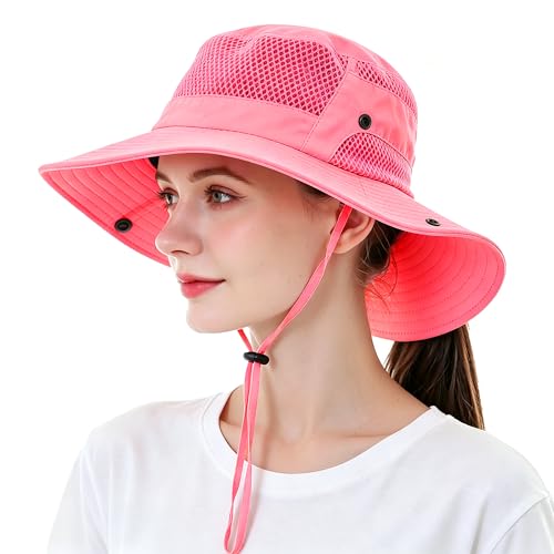 Sun Bucket Hat for Men Women Wide Brim UPF 50+ UV Protection Waterproof - color: Red