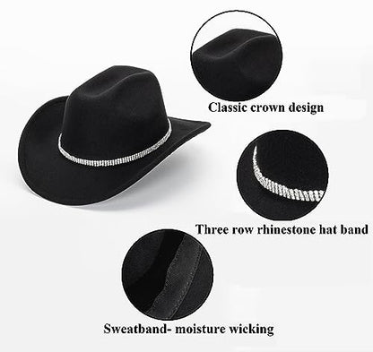 Glitter Silver Black Cowboy Hats Women Western Rhinestone Cowgirl Hat - color: 3 Circles Diamand-black