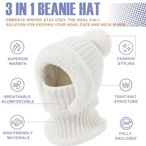 AQOKKA 3 in 1 Knit Fleece Lined Beanie Hat with Scarf and Mask Warm - color: White