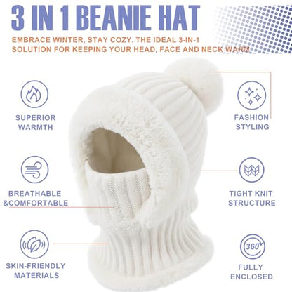 AQOKKA 3 in 1 Knit Fleece Lined Beanie Hat with Scarf and Mask Warm - color: White