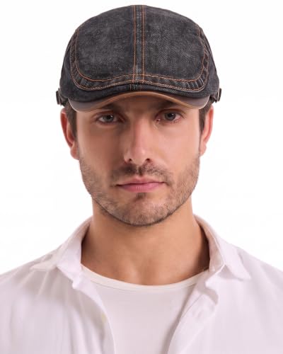 ZLYC Men Cotton Flat Cap Summer Scally Newsboy Beret Driver Hat - color: Denim Black