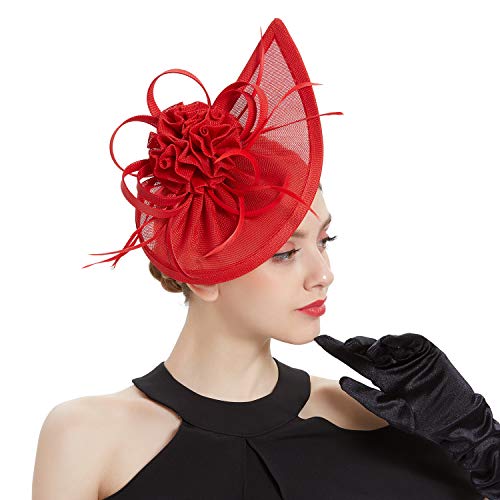 Fascinators Hat for Women Tea Party Headband Mini top Hats Cocktail Flower Mesh Feathers Hair Clip - color: Red-2