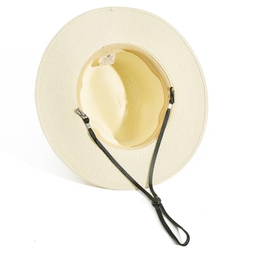 Lanzom Women Wide Brim Straw Panama Roll up Hat Fedora Beach Sun Hat UPF50+ - color: Beige Without Band, size: One Size-Medium