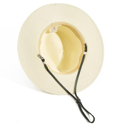 Lanzom Women Wide Brim Straw Panama Roll up Hat Fedora Beach Sun Hat UPF50+ - color: Beige Without Band, size: One Size-Medium