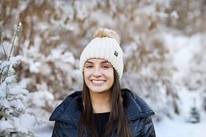 Funky Junque Women’s Winter Detachable Pom Beanie – Warm Knit Hat with Removable Faux Fur Pom, Soft Stretch Acrylic Cozy Cap - color: Beige