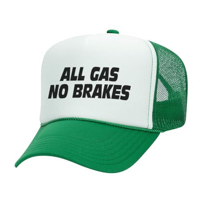 All Gas No Brakes Foam Trucker Cap Adjustable Mesh Back Hat - color: White/Kelly Green