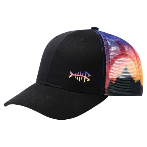 BASSDASH Printed Mesh Trucker Hat for Men Women Adjustable Baseball Cap Fishing Camping Outdoors Sporting Hat with Snap FH20 - color: Black/Sunset, style: Regular