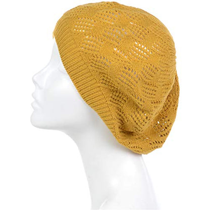 an Womens Crochet Hat Flower Beanie Beret Fashion Accessory Lightweight Knit Cap - color: 5119-mustard