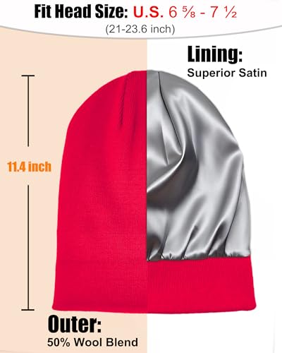 ROYBENS Satin Lined Beanie Hat for Women Men, Wool Knit Cuffed Winter Hats - color: 1pcs Red