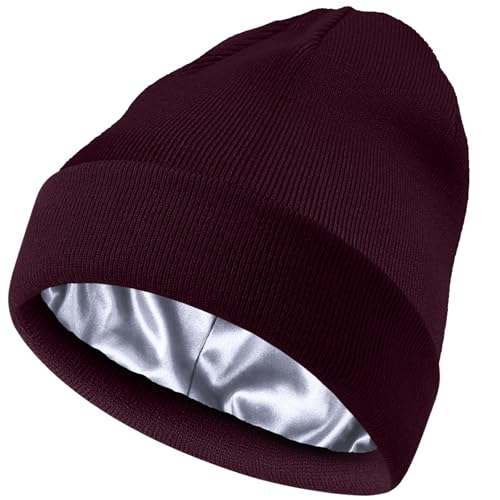 ROYBENS Satin Lined Beanie Hat for Women Men, Wool Knit Cuffed Winter Hats - color: 1pcs Wine Red