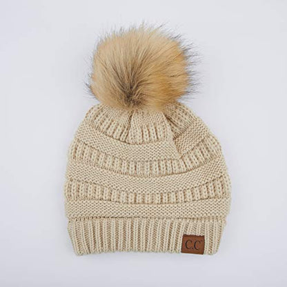 C.C Fur Pom Winter Fall Trendy Chunky Stretchy Cable Knit Beanie Hat - color: Solid Beige