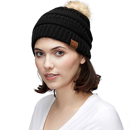 C.C Fur Pom Winter Fall Trendy Chunky Stretchy Cable Knit Beanie Hat - color: Solid Black