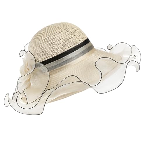 Floral Church Wide Brim Sun Hat, Breathable Derby Tea Party Hat - color: Beige