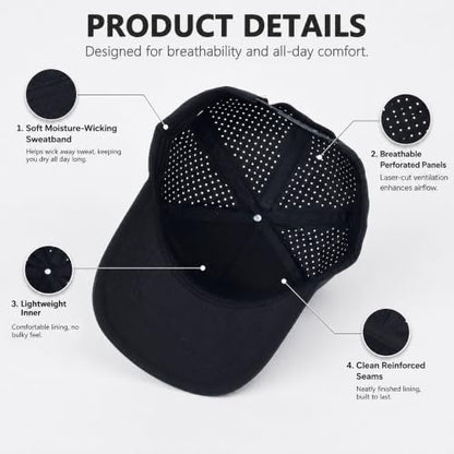 Quick Dry Baseball Cap Waterproof Snapback Trucker Golf Hat for Men Women - color: Black