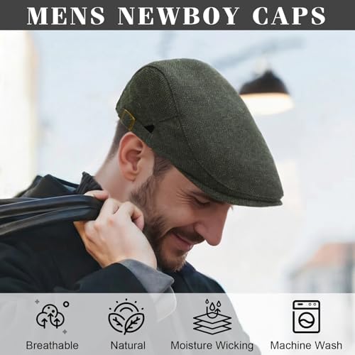Senker Fashion 2 Pack Newsboy Cap for Men, Wool Blend Tweed Flat Cap - color: Black Green