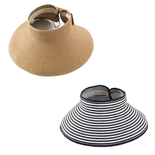 Womens Foldable Straw Sun Visor, Packable Roll‑Up Beach Hat with Wide Brim - color: Y - 2 Packs - Black Stripe, Khaki