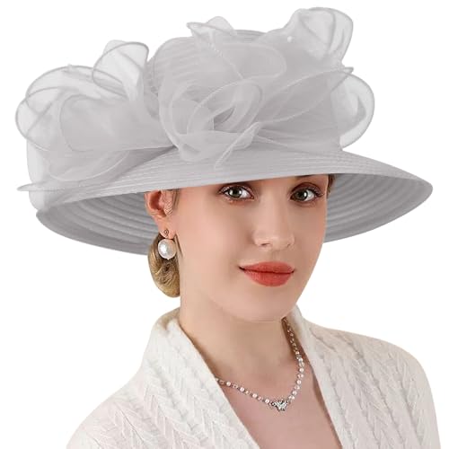 DRESHOW Lady Derby Dress Church Bowler Cloche Hat Bowknot Organza Bridal Cap for Wedding - color: 1 Pack Bowler Hat: Light Grey