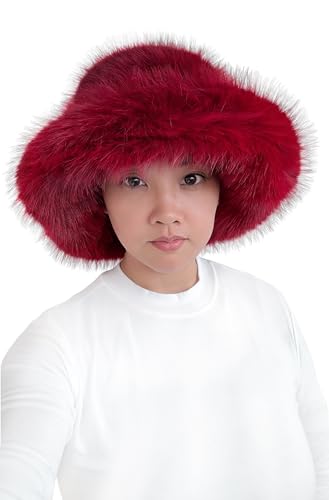 Lina & Lily Oversized Winter Faux Fur Bucket Hat for Women - Long Pile Fur Wide Moldable Brim - color: Dark Red