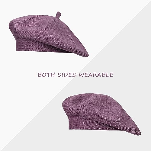 Gllutt Beret Hat French Style Stretchy Knitting Solid Color Both Side Usable - color: Purple