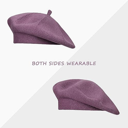 Gllutt Beret Hat French Style Stretchy Knitting Solid Color Both Side Usable - color: Purple