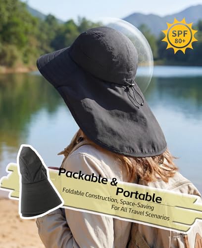 Home Prefer UPF 80+ Sun Hat for Men Women Wide Brim Sun Hat with Neck Flap Summer Beach UV Protection Gardening Fishing Hat - color: Black