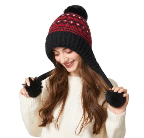 DOCILA Winter Beanie Hat for Women Warm Fleece Lined Pom Knit Earflap Hats Cute Outdoor Snow Ski Skull Cap - color: Blackred