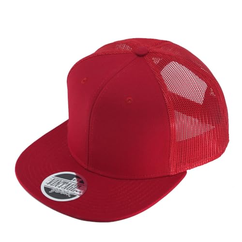 Plain Cotton Twill Flat Brim Mesh Adjustable Snapback Trucker Baseball Cap - color: Red