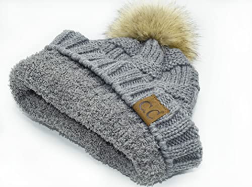 C.C Knit Beanie Hat – Fuzzy Fleece Lined Warm Winter Hat, Faux Fur Pom Soft Stretchy Slouchy Knit Cap, Cold Weather Beanie - color: Light Melange Grey
