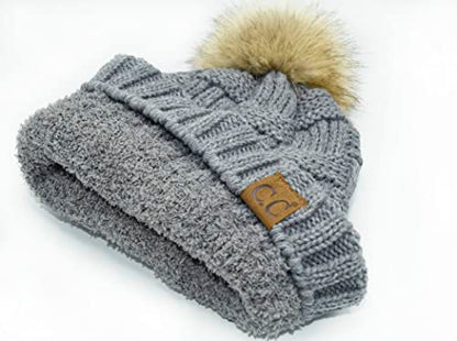 C.C Knit Beanie Hat – Fuzzy Fleece Lined Warm Winter Hat, Faux Fur Pom Soft Stretchy Slouchy Knit Cap, Cold Weather Beanie - color: Light Melange Grey