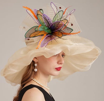 Women Derby Church Hat Organza Flower Wedding Tea Party Fascinator Wide Brim Sun Hat - color: 12-cream Color