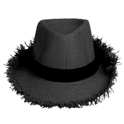 Fringed Straw Fedora Hat for Women Men Short Brim Roll Up Trilby Panama Hat UPF 50+ Summer Beach Straw Sun Hat Retro Jazz Hat - color: Black