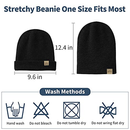 Mens Beanie Merino Wool Warm Hats for Women Men Knit Slouchy Double Layer Warm Cuffed Skull Beanie Skiing Skating Black