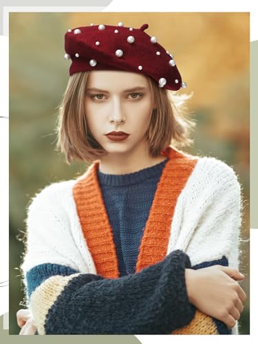 Vabean 6 Pcs Pearl Beaded Wool Beret French Beret Women - color: Chic Colo