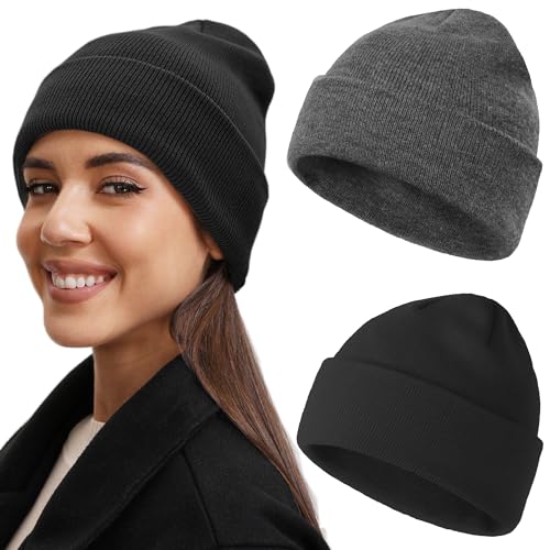 vidsel 100% Cotton Beanie Hat-Unisex Winter Knit Cuffed Beanies Skull Cap - color: 2pcs - Black, Dark Grey