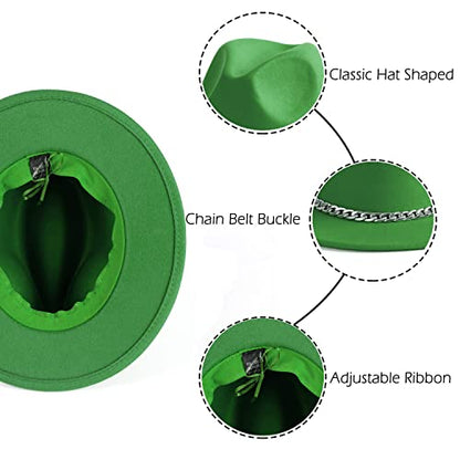 Women Men Wide Brim Fedoran Hat with Chain Belt Buckle - color: Green