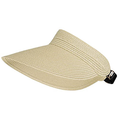 Women Summer Sun Hat Lady's Portable Beach Visor Bowknot Straw Hat - color: Beige 6