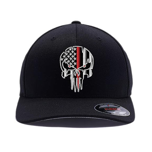G&B Red Thin Red/Blue Line Spartan Helmet & Distressed Skull Flex Baseball Cap. Embroidered. 6277/6477 Flex Baseball Hat - color: Black-2, size: Large-X-Large