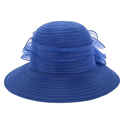 Haoohu Women's Church Derby Hat Wide Brim Bow Bucket Hat Wedding Dress Hat Fascinator Bridal Tea Party Hat - color: Blue