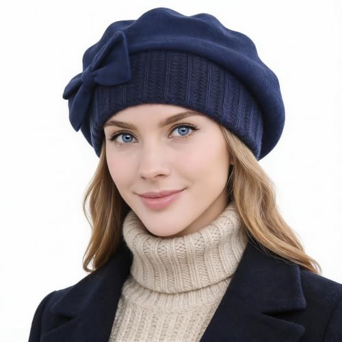 Women Knit 100% Wool Beret Artist Winter French Beret Hats - color: Navy