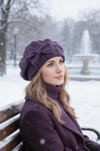 Women Knit 100% Wool Beret Artist Winter French Beret Hats - color: Purple