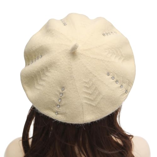 ZLYC Women French Beret Hat Reversible Solid Color Knit Warm Artist Cap - color: Rhinestones Beige