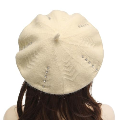 ZLYC Women French Beret Hat Reversible Solid Color Knit Warm Artist Cap - color: Rhinestones Beige