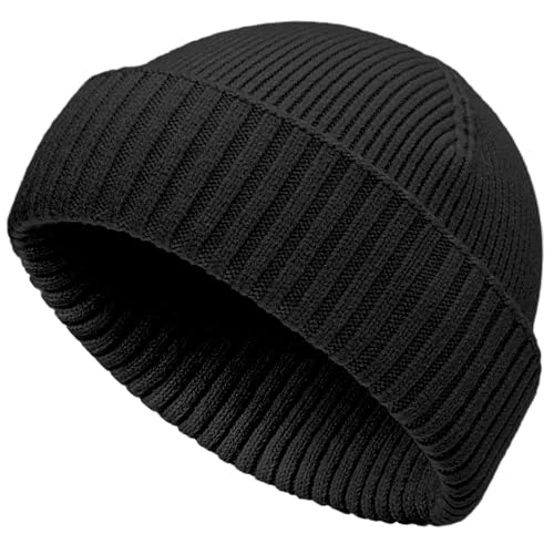 vidsel 50% Wool Double Cuff Beanie Hat for Men Women, Warm Winter Knit Cap - color: Black