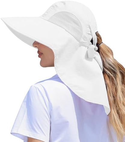 Womens Sun Hat Outdoor UV Protection Wide Brim Fishing Hat with Ponytail Hole Neck Flap for Beach Hiking Camping - color: White
